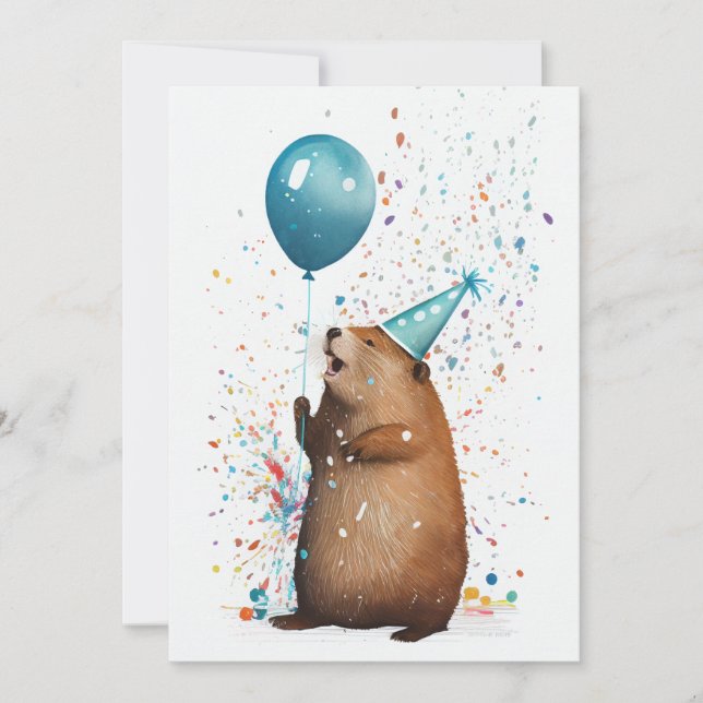 Beaver med blått platta hälsningskort för ballong tack kort (Framsida)
