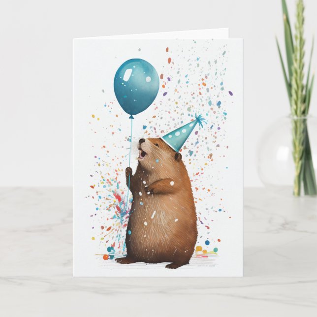 Beaver med Blue Balloon Foleting Card Tack Kort (Framsida)
