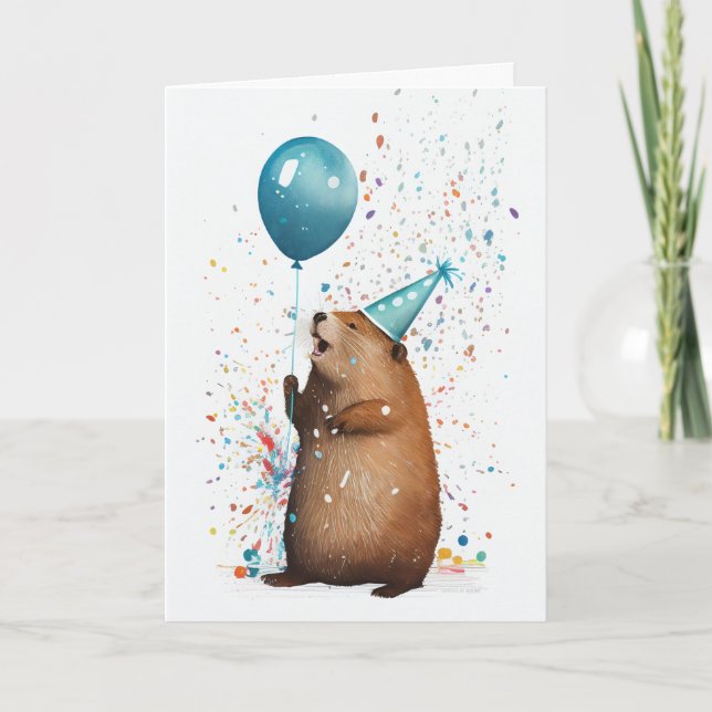 Beaver med Blue Balloon Greeting Card Kort (Framsida)