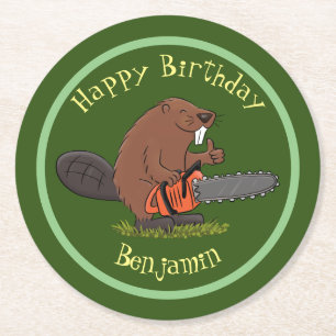 Beaver med chainsee-illustration av lustigt teckna underlägg papper rund