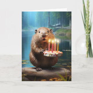 Beaver med ett födelsedagskort tack kort