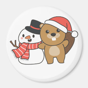 Beaver med Snögubbe i vinter vid julgranen Magnet