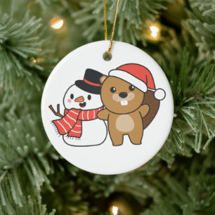 Beaver med Snögubbe i vinter vid julkeramik Julgransprydnad Keramik