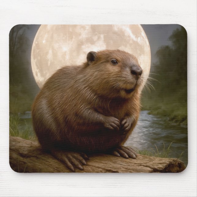 Beaver On a Log With Full Moon Musmatta (Framsidan)