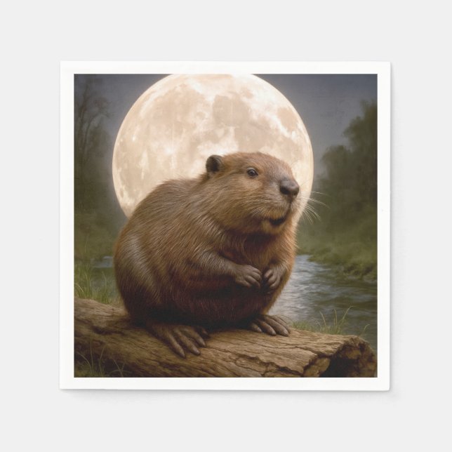 Beaver On a Log With Full Moon Pappersservett (Framsidan)