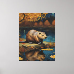 Beaver på natten av Van Gogh AI Generated Canvastryck