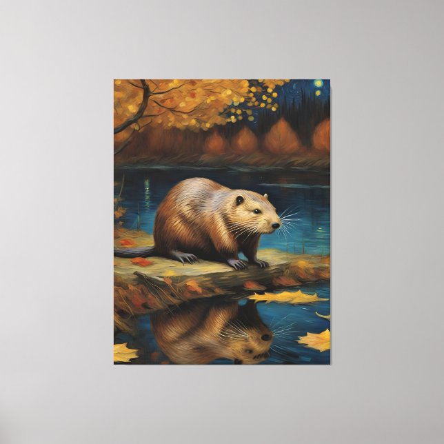 Beaver på natten av Van Gogh AI Generated Canvastryck (Framsida)