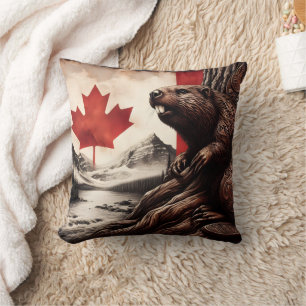Beaver på Träd med kanadensiska Flagga och berg Kudde