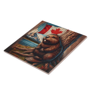 Beaver Sitta av Sjö med kanadensiska Flagga Kakelplatta
