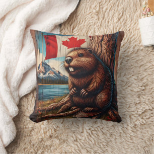 Beaver Sitta av Sjö med kanadensiska Flagga Kudde