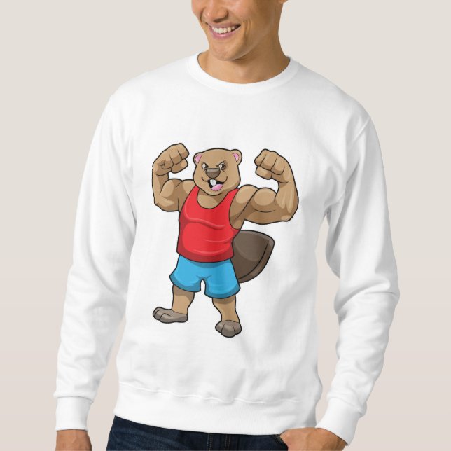 Beaver som BodyBuilder med stor Upper-arm Lång Ärmad Tröja (Framsida)