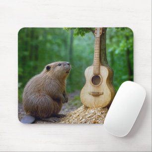 Beaver som ger honom vårdad gitarr på en Träd Musmatta