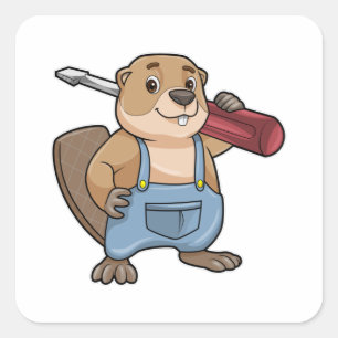 Beaver som hantverkare med kortplatta skruvmejslar fyrkantigt klistermärke