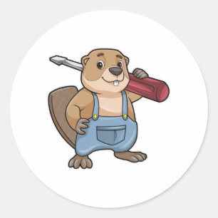 Beaver som hantverkare med kortplatta skruvmejslar runt klistermärke