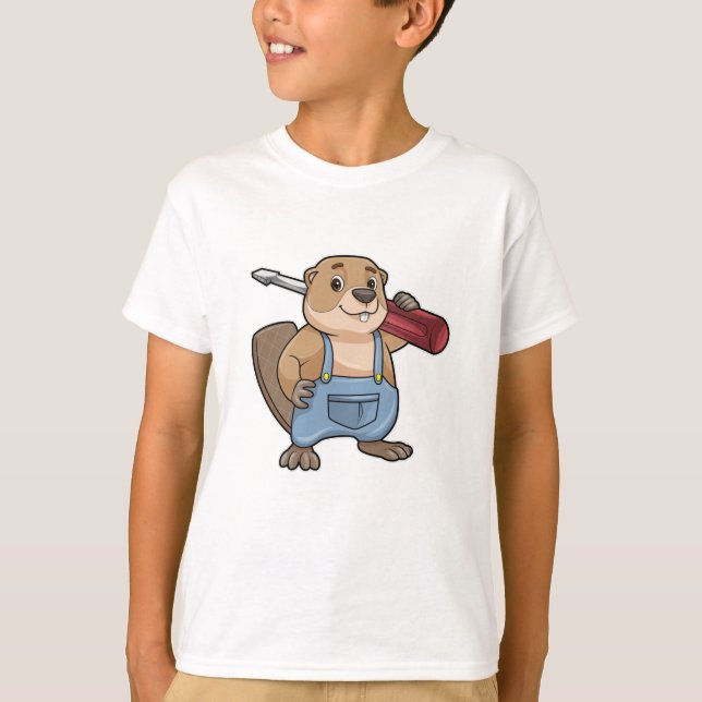 Beaver som hantverkare med kortplatta skruvmejslar t shirt (Framsida)