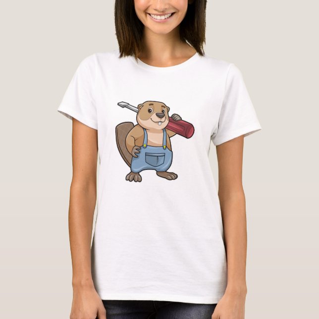 Beaver som hantverkare med kortplatta skruvmejslar t shirt (Framsida)