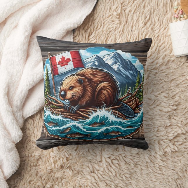 Beaver vid rälsen med Flagga i floden Kudde (Filt)