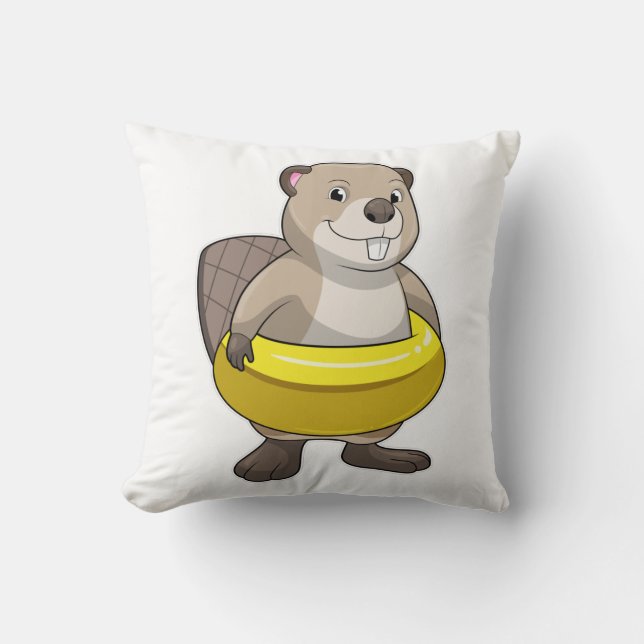 Beaver vid Swimming med Simma ring Kudde (Framsida)