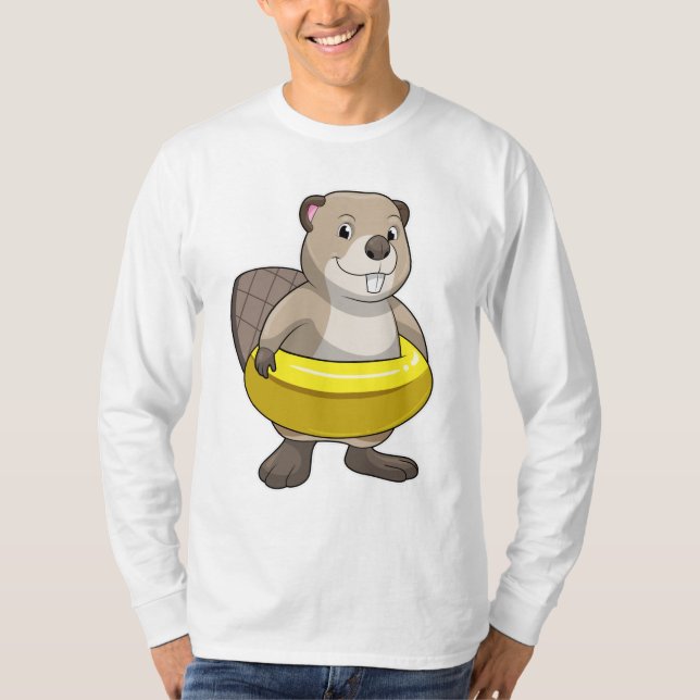 Beaver vid Swimming med Simma ring T Shirt (Framsida)