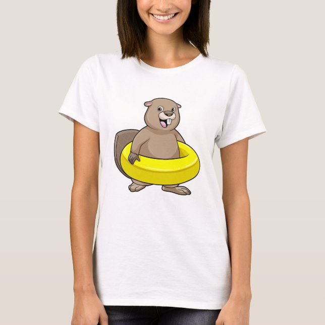 Beaver vid Swimming med Simma ring T Shirt (Framsida)