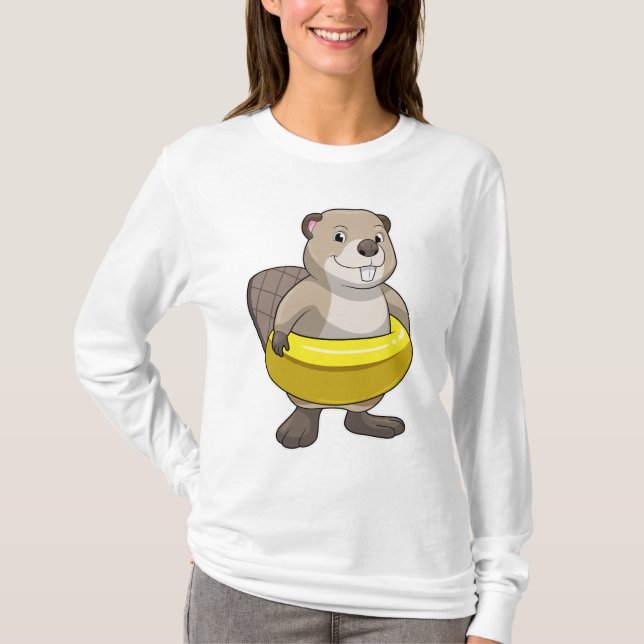 Beaver vid Swimming med Simma ring T Shirt (Framsida)