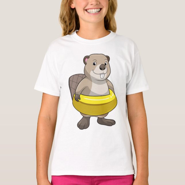 Beaver vid Swimming med Simma ring T Shirt (Framsida)