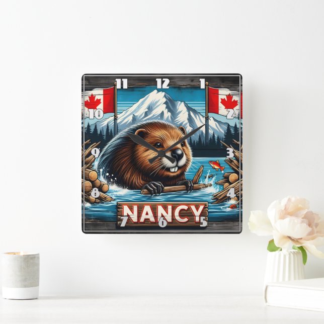 Beaver With Stick av Canadian Flaggor Fyrkantig Klocka (Hem)