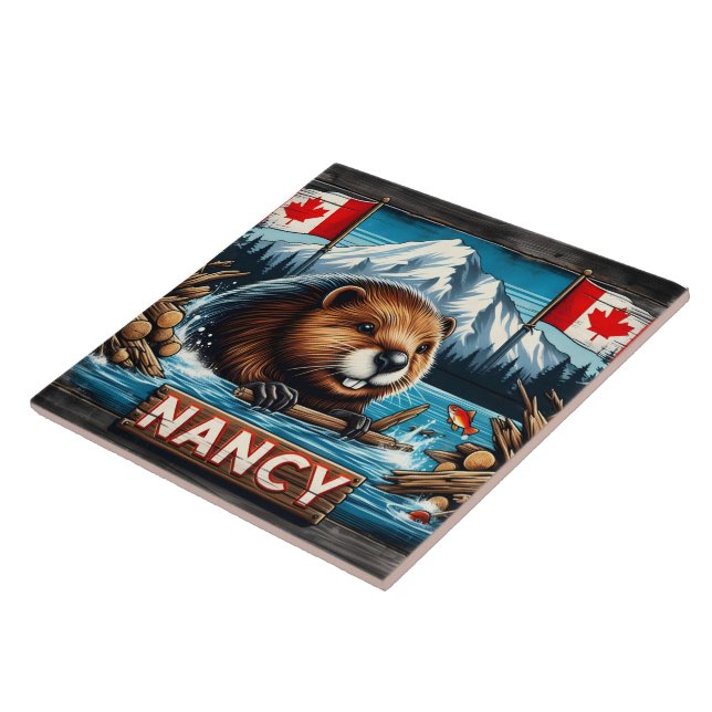 Beaver With Stick av Canadian Flaggor Kakelplatta (Sidan)