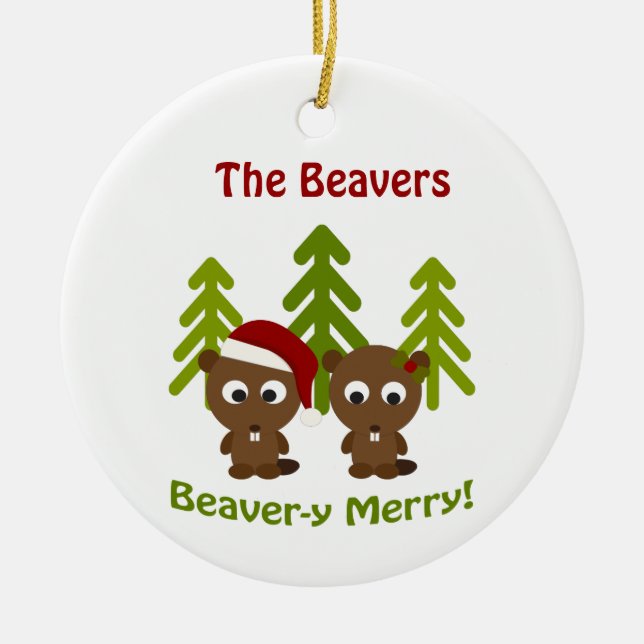 Beaver-y Merry! Jul Beavers Julgransprydnad Keramik (Framsidan)