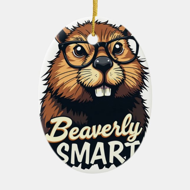 Beaverly Smart - Lustigt beaver med glasbild Julgransprydnad Keramik (Framsidan)