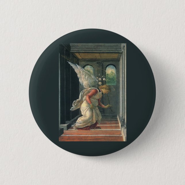 Bebådelsen (ängelns detalj) av Sandro Botticelli Knapp (Framsida)