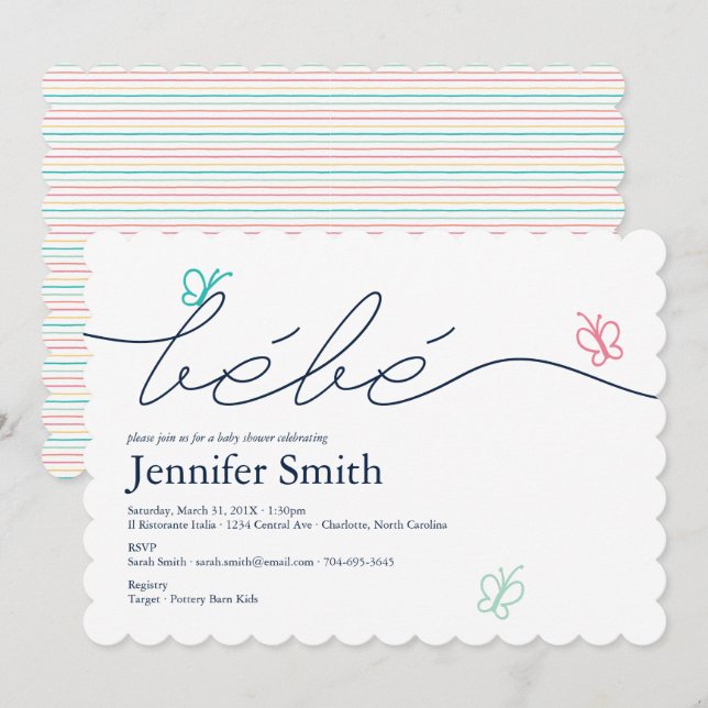 Bebe Butterfly Baby Shower för enkel Fransk Inbjudningar (Fram/baksida)