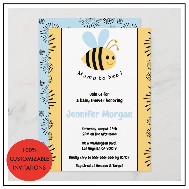 Bebis baby shower inbjudan Mamman ska bli Bumblebe (Bee baby shower invitations Mommy to bee Bumblebee)