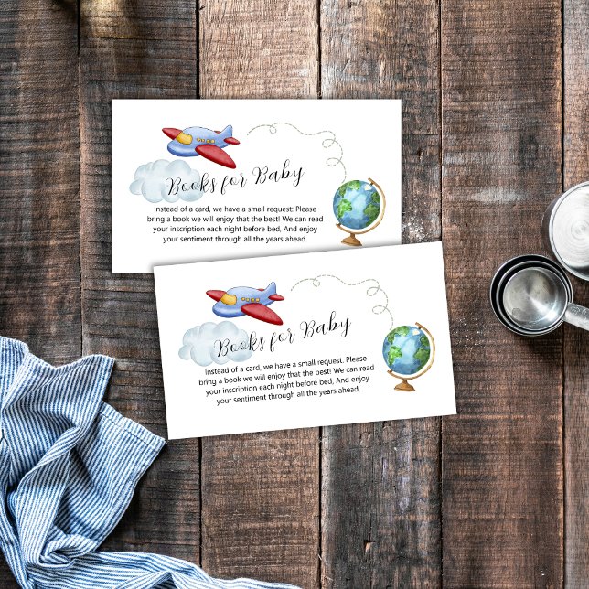 Bebis Babyshower - Världskarta Flygplansböcker Tilläggskort (Around The World Map Airplane Books Baby Shower Enclosure Card)