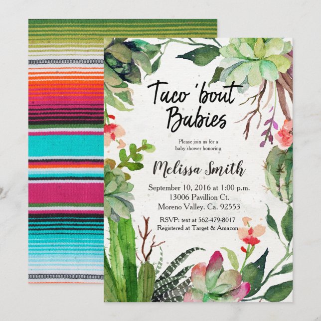 Bebis för anfall för taco för kaktusbaby inbjudningar (Fram/baksida)