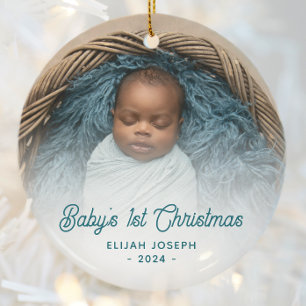 Bebis första julfoto Teal Retro-skrift Julgransprydnad Keramik