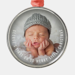Bebis Första Oh Så Glad Liten Jul Foto Julgransprydnad Metall