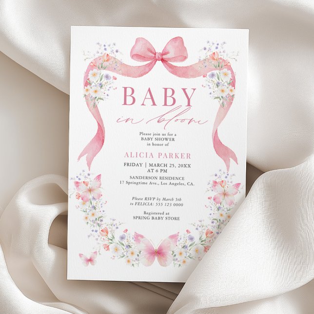 Bebis i blom pink båge vildblomma flicka baby show inbjudningar (Skapare uppladdad)