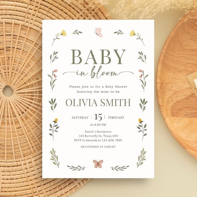 Bebis i blom Wildflower Baby Shower Inbjudningar (Minimalist Baby in Bloom Baby Shower Invitation)