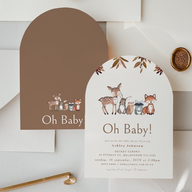Bebisdusch för Arched Brown Foliage Woodland Anima Inbjudningar ( Arched Woodland Animal Baby Shower Invitation, Gender Neutral Woodland Baby Shower Invitation)