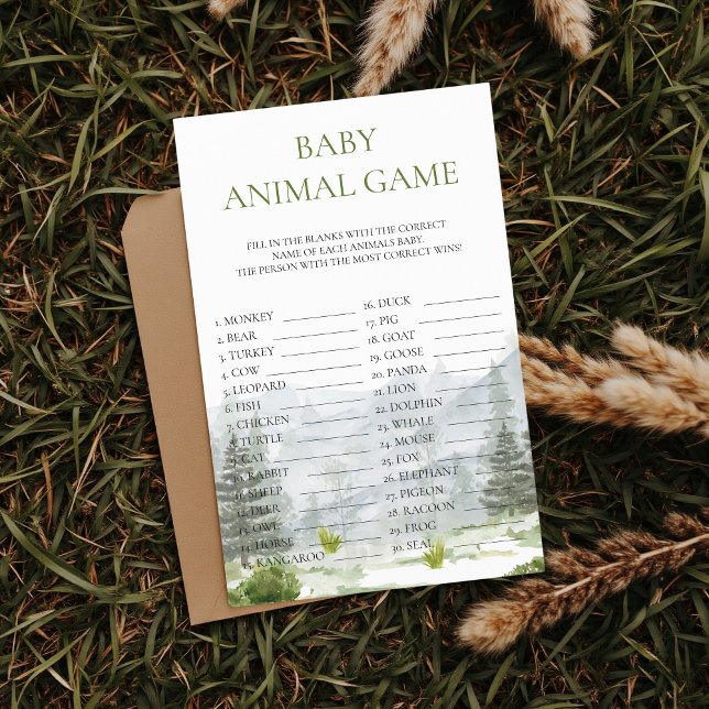 Bebisdusch för Baby djur-spel Äventyr Flygblad (Baby Animal Game Let the Adventure Begin Fun Baby Shower Game)
