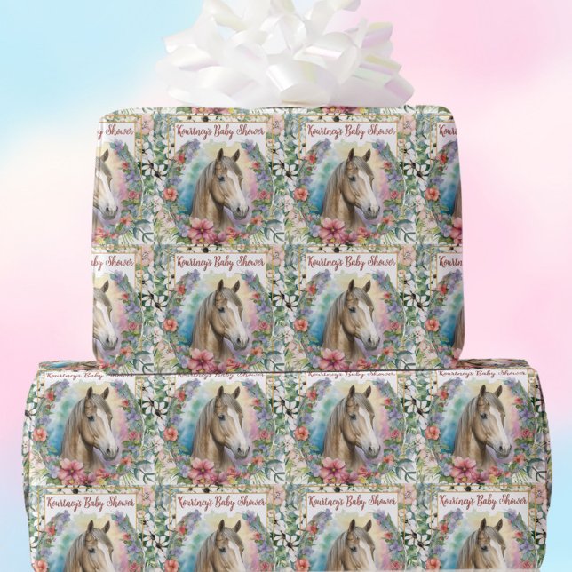 Bebisdusch för Blommigt av vattenfärg Presentpapper (Baby shower horse watercolor floral wrapping paper with name!)