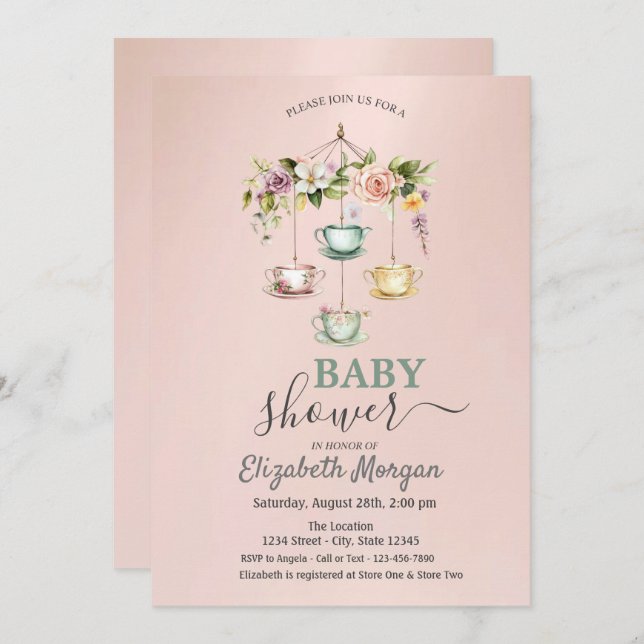 Bebisdusch för Blommigt av vattenfärg Tea kopp Inbjudningar (Fram/baksida)