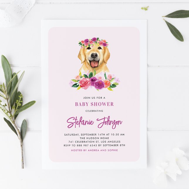 Bebisdusch för Blommigten Watercolor Golden Retrie Inbjudningar (Skapare uppladdad)