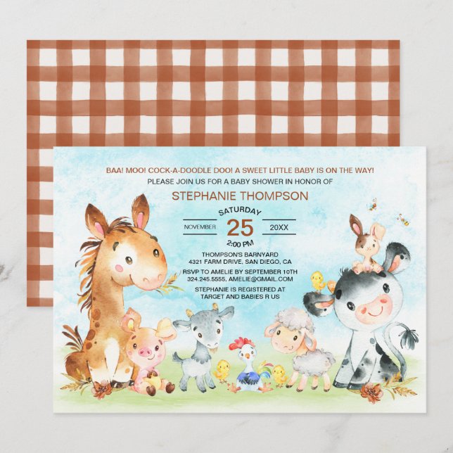 Bebisdusch för Boskap med vattenfärg Inbjudningar (Fram/baksida)