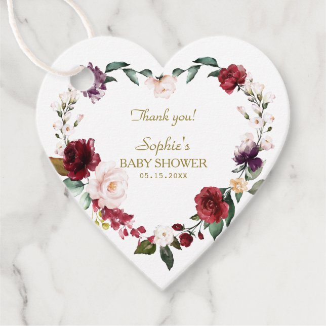 Bebisdusch för  Burgundy-Blommigt med vattenfärg Gåvor Etiketter (Framsida)