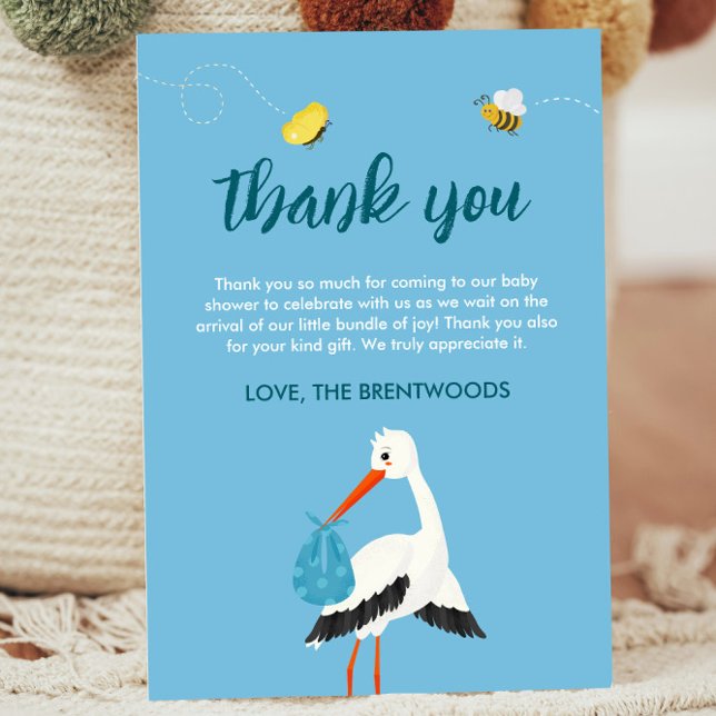 Bebisdusch för Cute Blue Stork Tack Kort (Blue Thank you card template for baby shower or baby sprinkle with stork, bees and butterflies)