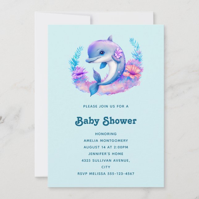 Bebisdusch för Cute Dolphin Sea Creator Baby Showe Inbjudningar (Framsida)