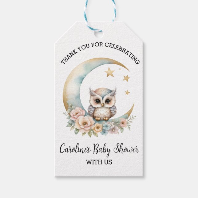 Bebisdusch för Cute Watercolor Uggla Tack Presentetikett (Framsidan)