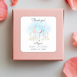 Bebisdusch för färgstork för Cute Watercolor Stork Fyrkantigt Klistermärke